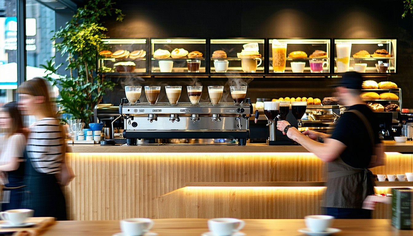 The image features a modern coffee shop interior, bustling with activity